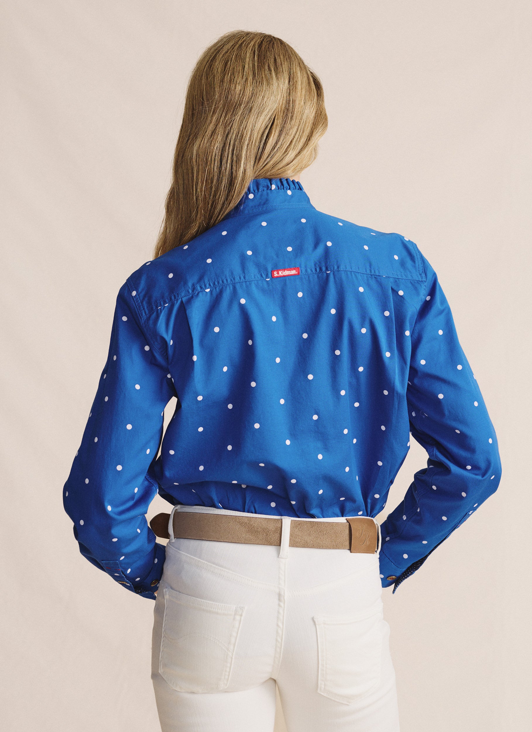 Lilly Pilly Frill Neck Full Placket Work Shirt- Mid Blue