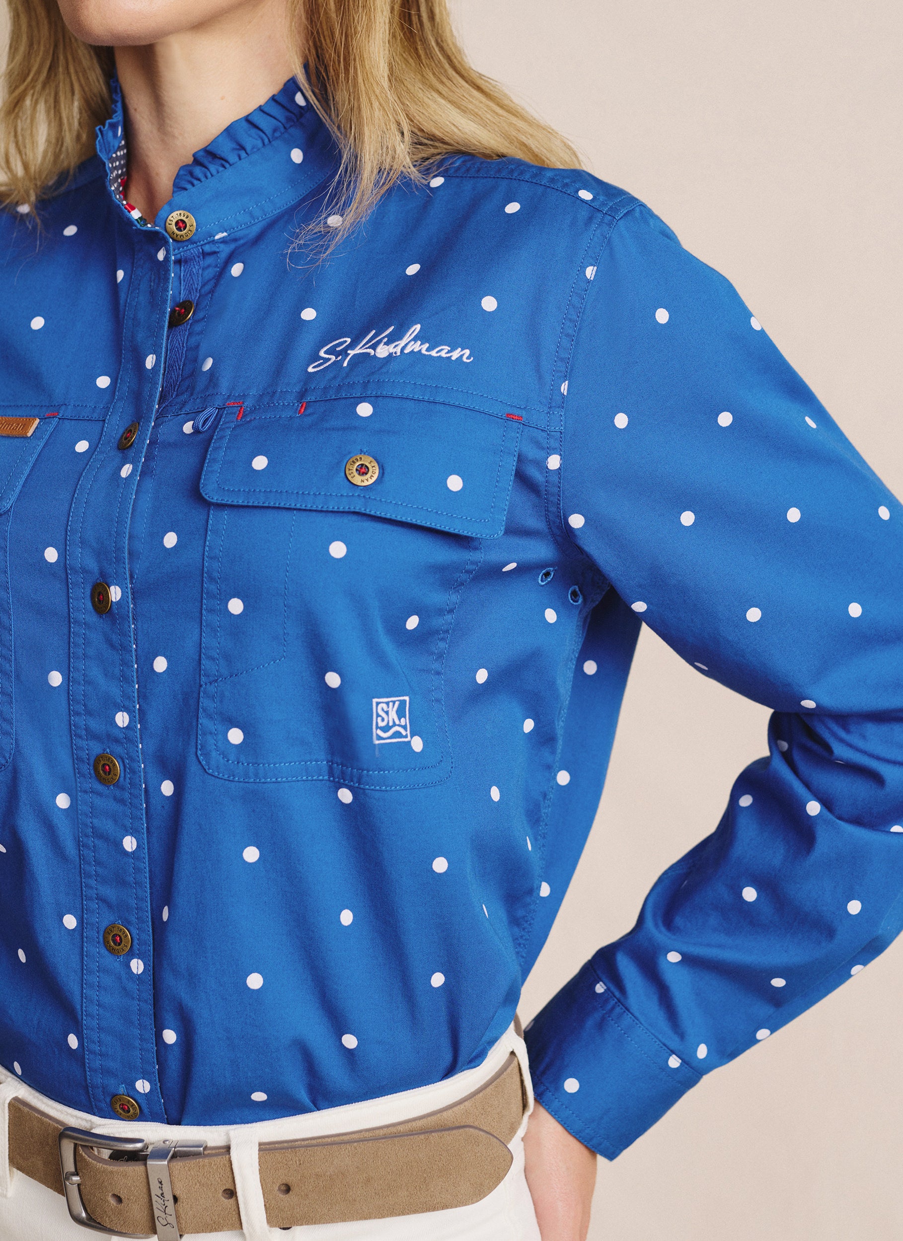 Lilly Pilly Frill Neck Full Placket Work Shirt- Mid Blue