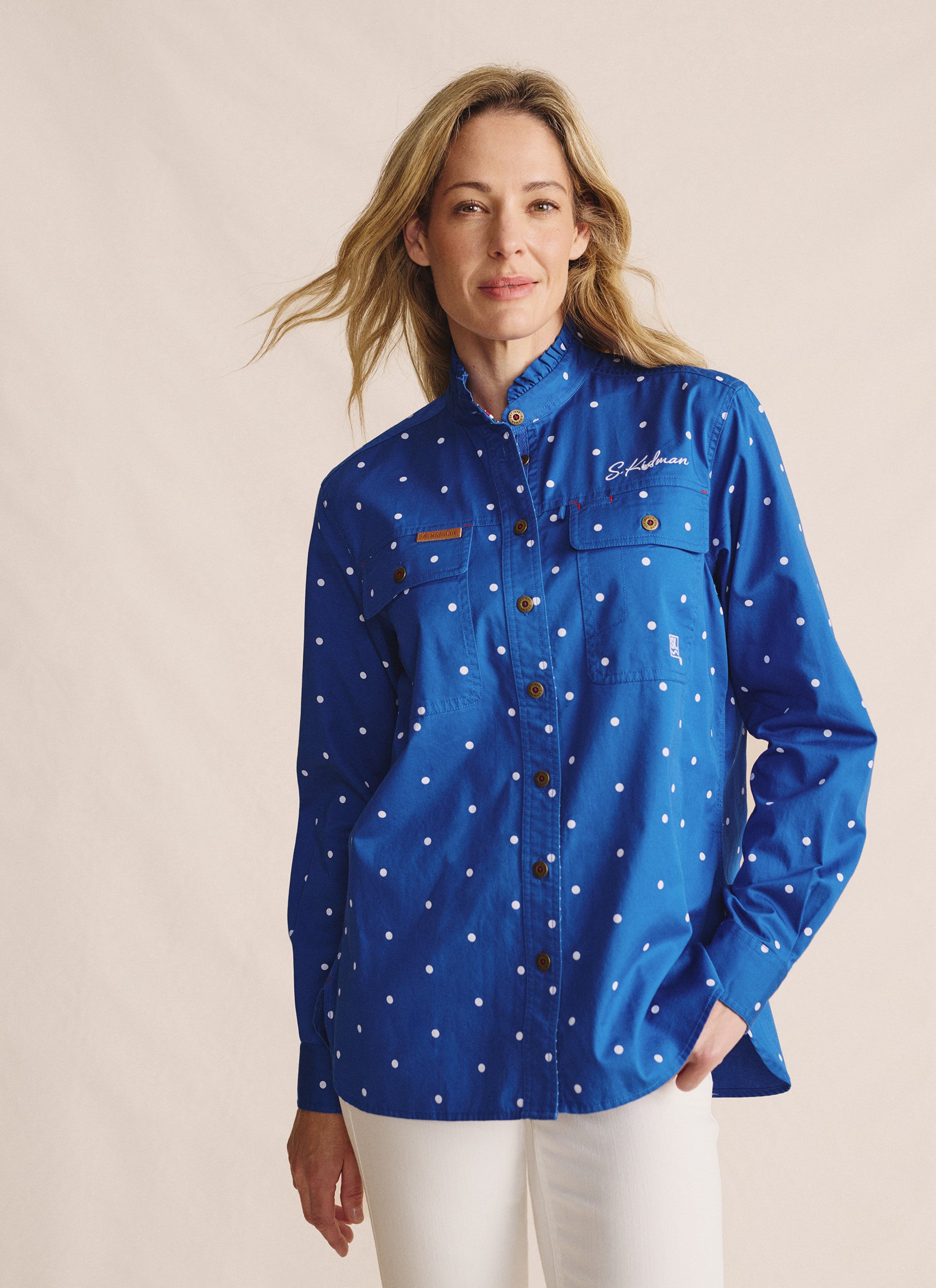 Lilly Pilly Frill Neck Full Placket Work Shirt- Mid Blue