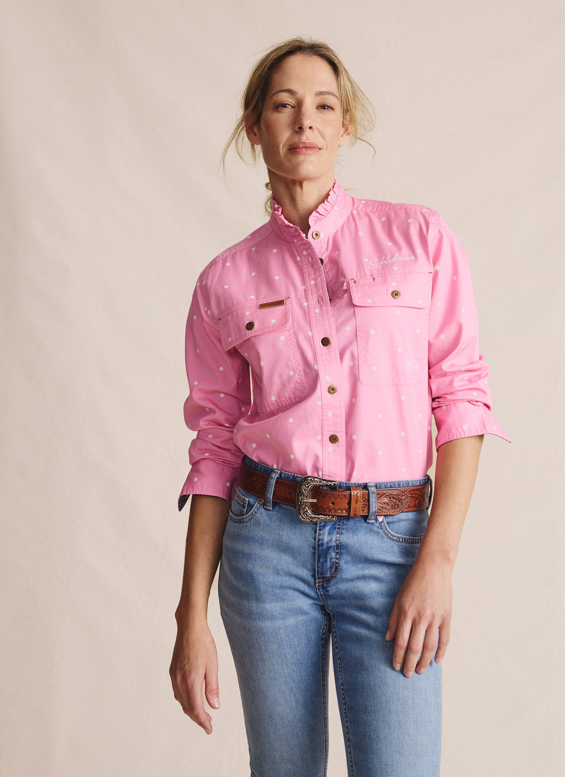 Lilly Pilly Frill Neck Full Placket Work Shirt - Pale Pink