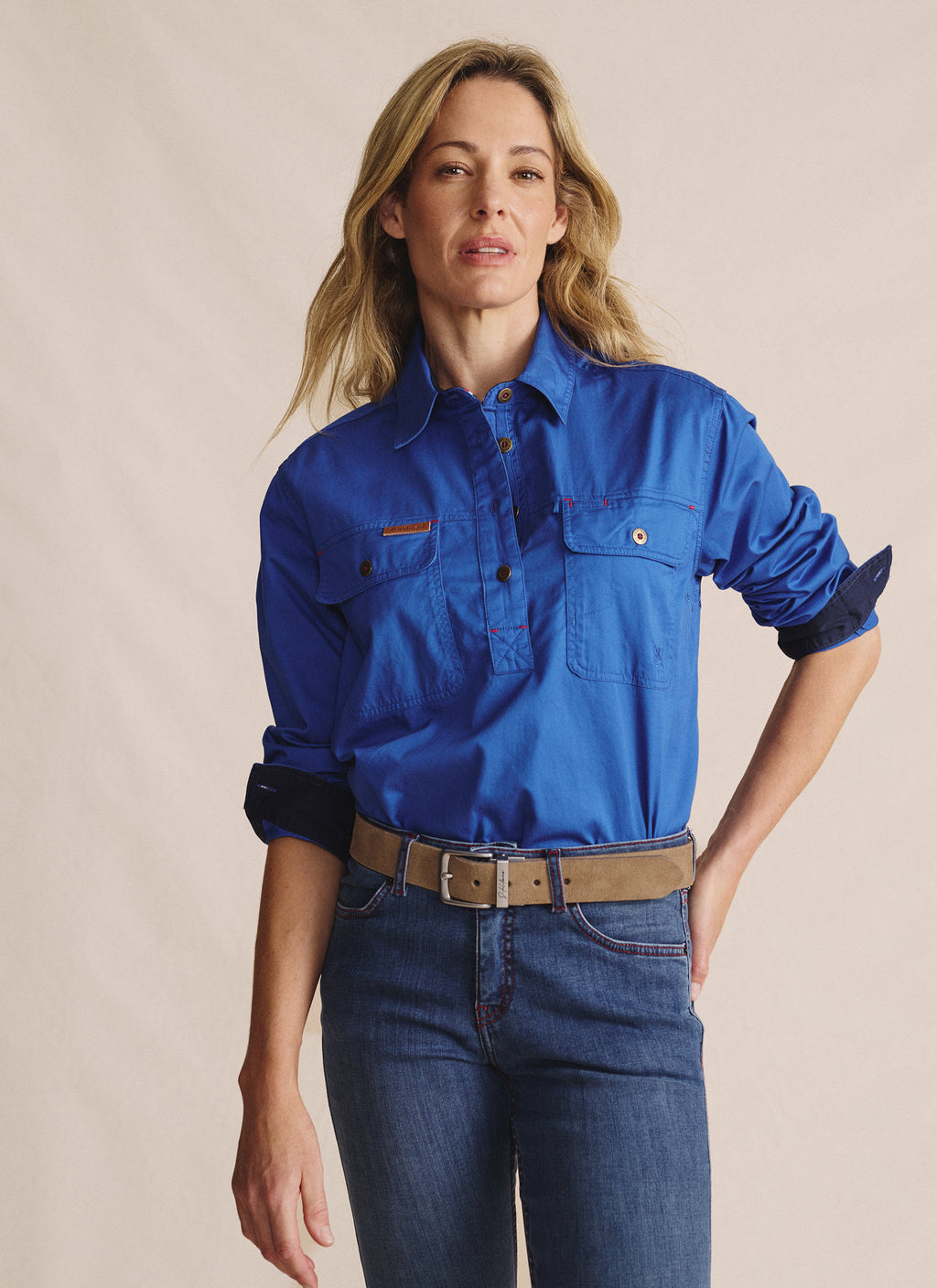 Camfield Half Placket Work Shirt - Mid Blue