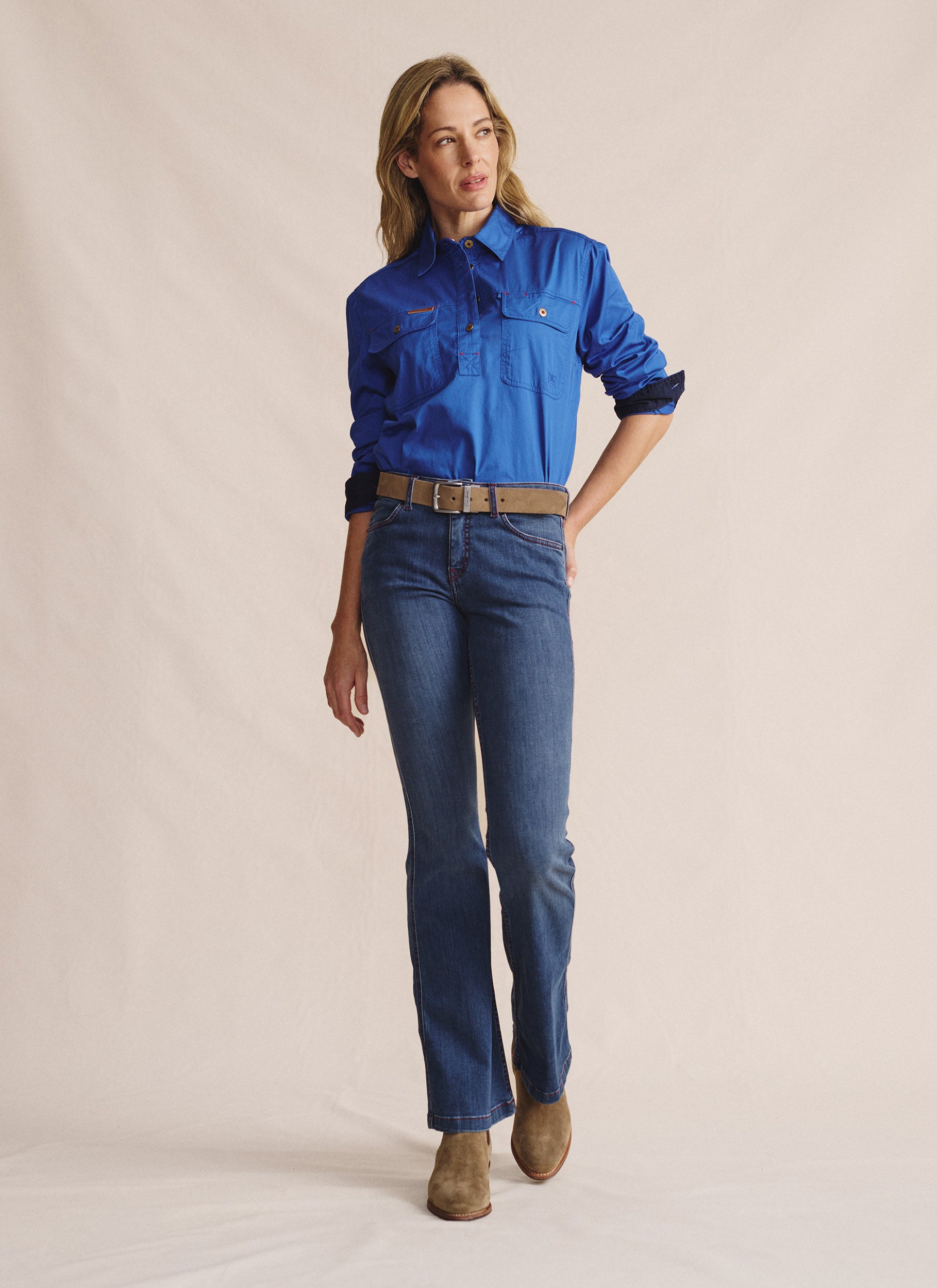 Camfield Half Placket Work Shirt - Mid Blue