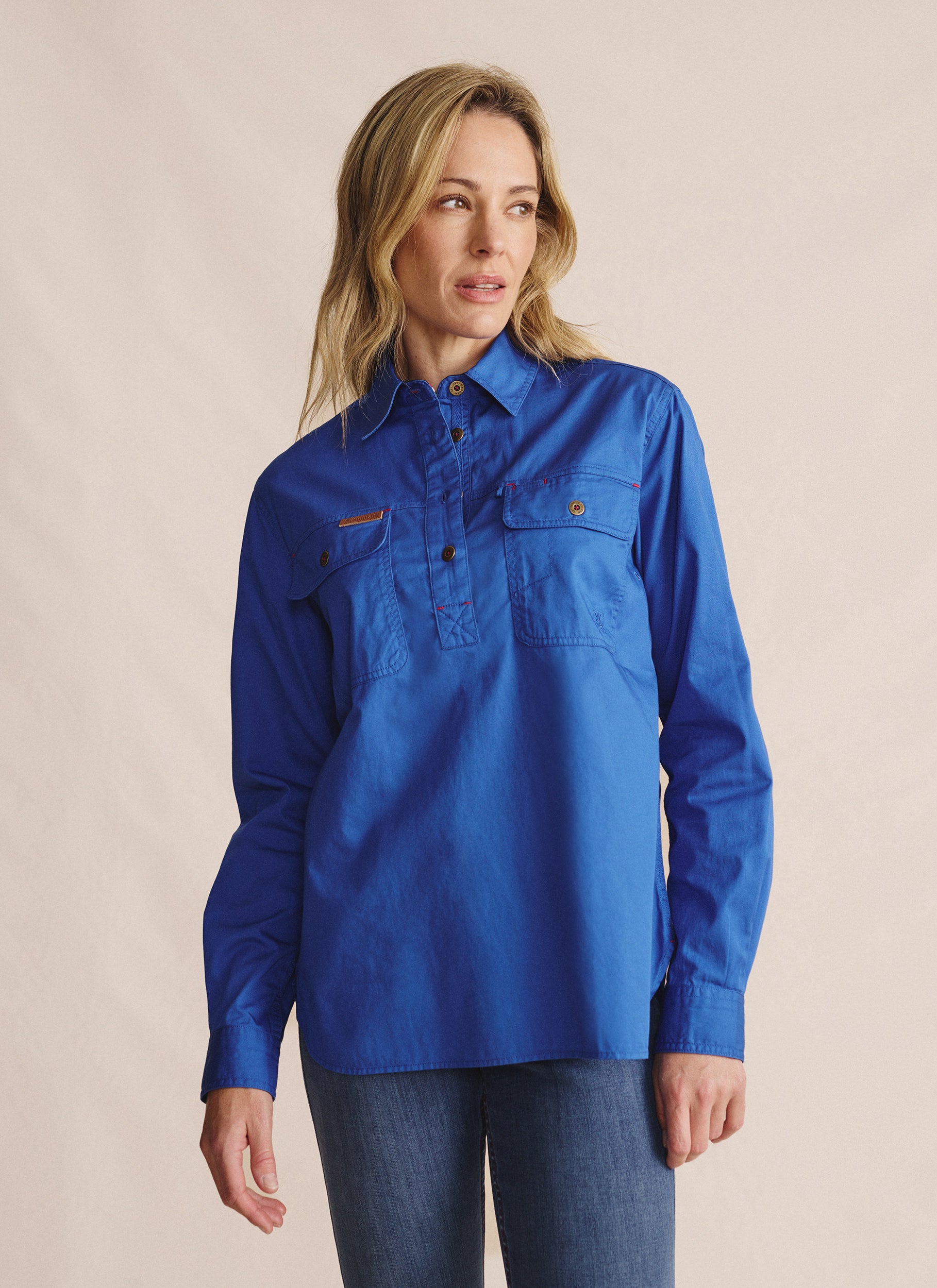 Camfield Half Placket Work Shirt - Mid Blue