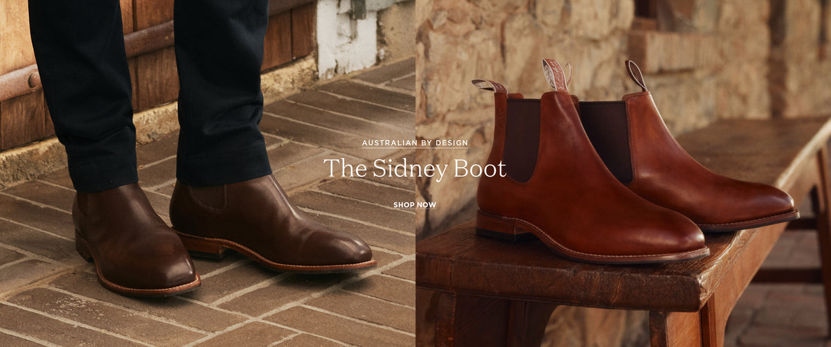 Brown boots worn and displayed on a wooden stool with text overlay.