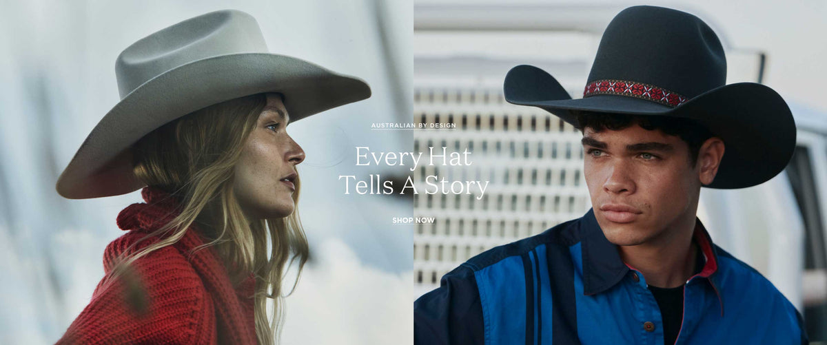 A split promotional image showing two models wearing cowboy hats. On the left, a woman in a red knit sweater wears a light gray wide-brim hat.
