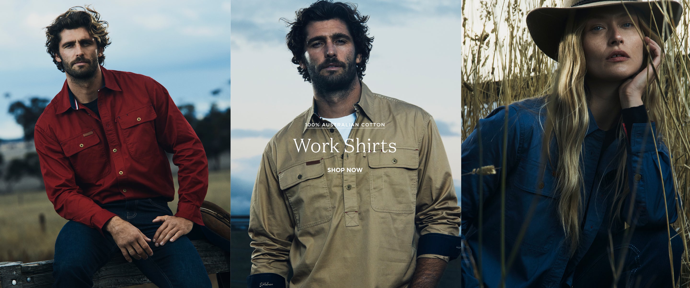 A three-panel collage showcasing men's work shirts in outdoor settings. The left panel shows a man wearing a red long-sleeve work shirt.