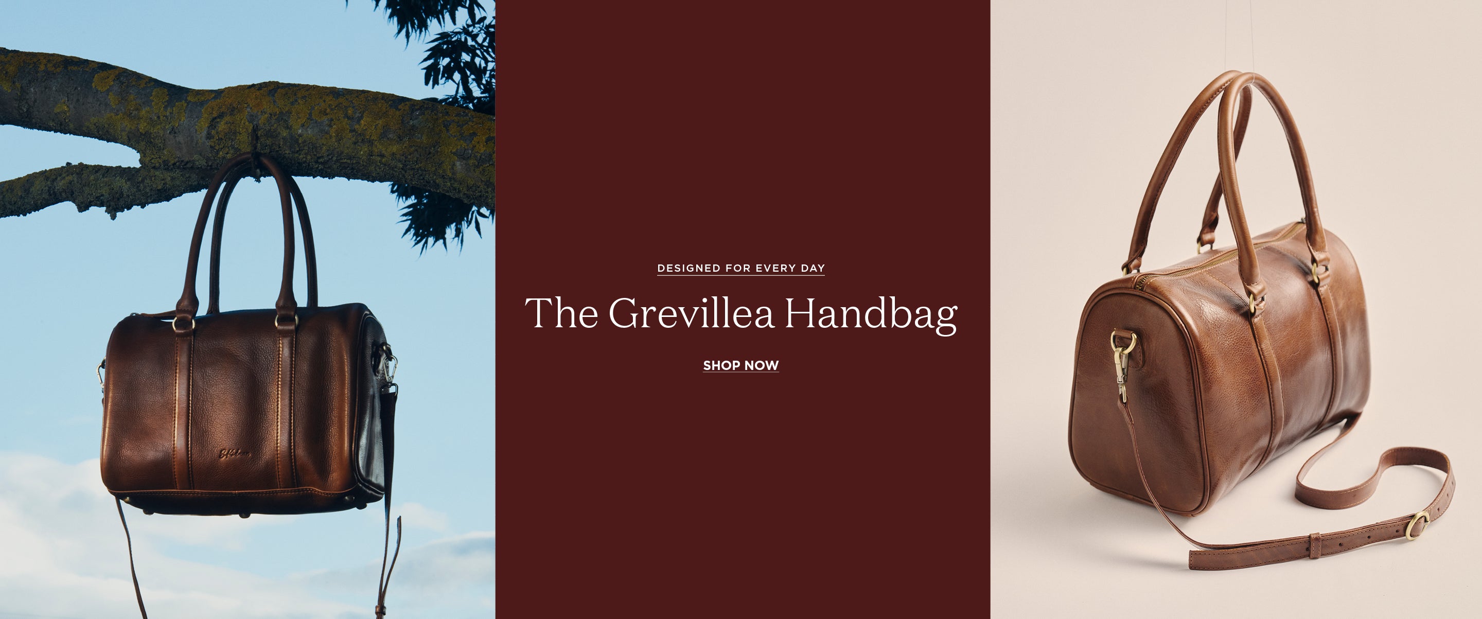 A three-panel promotional graphic for The Grevillea Handbag. The left panel shows a brown leather handbag hanging from a tree branch against a blue sky.
