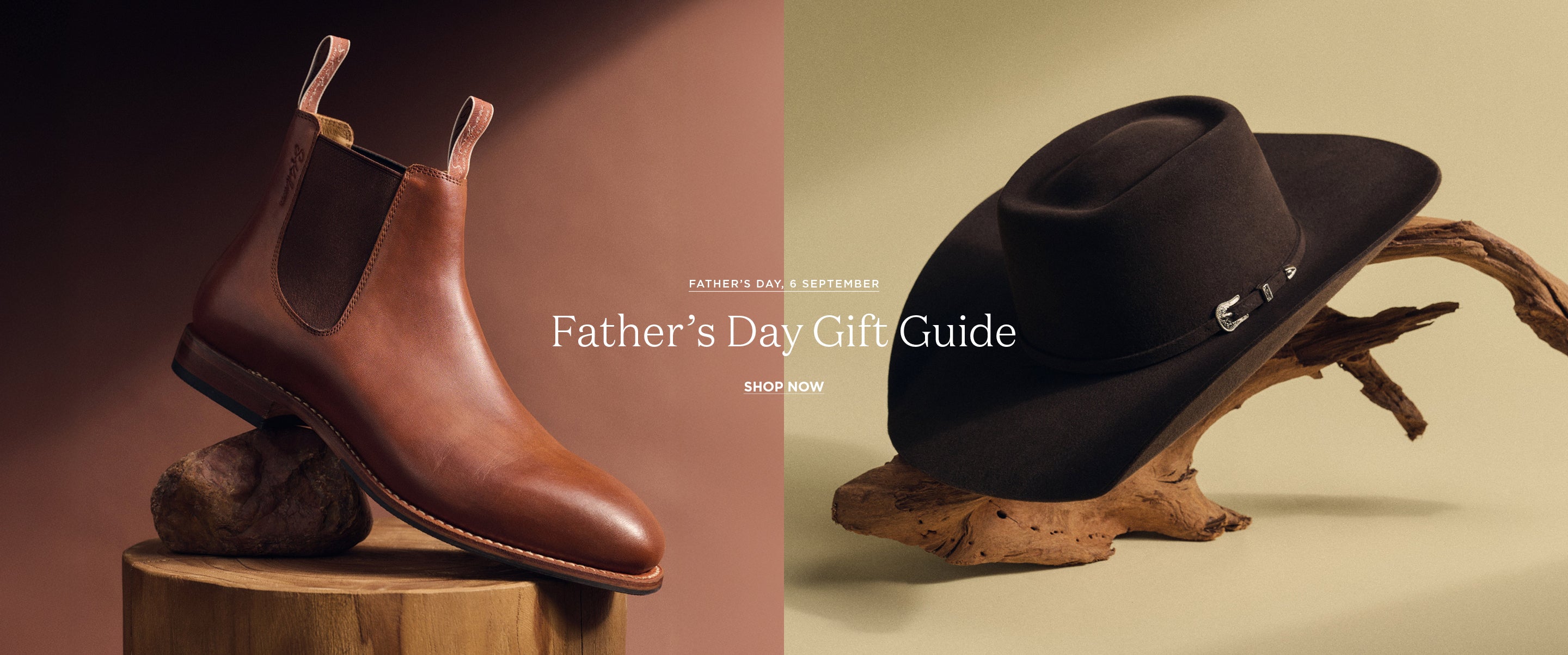 Father's Day Gift Guide, featuring the Sidney Boot in Rust on the left, and the Avenal Cheyenne Roll Hat in Bitumen
