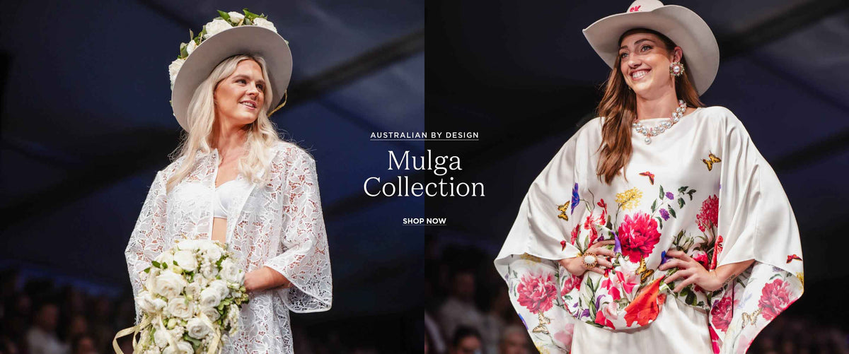 A split fashion showcase featuring two models wearing the Mulga Collection. On the left, a blonde model wears a white floral lace jacket and wide-brimmed hat with a bouquet.