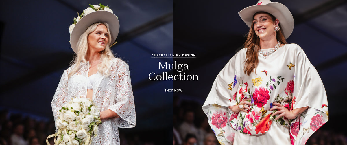 A split fashion showcase featuring two models wearing the Mulga Collection. On the left, a blonde model wears a white floral lace jacket and wide-brimmed hat with a bouquet.