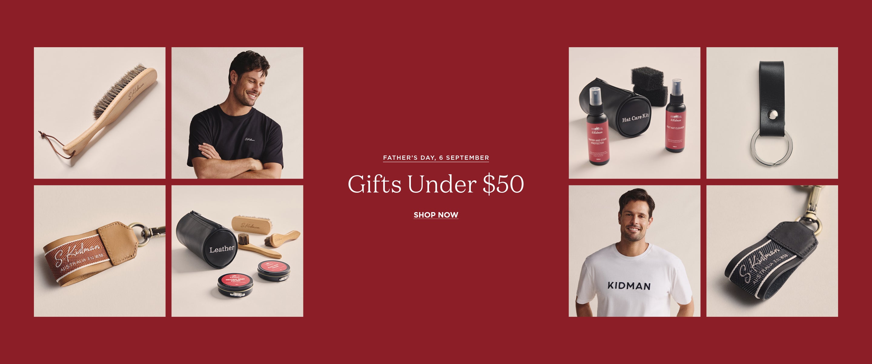 A promotional banner with a dark red background featuring multiple product tiles and text reading 'Father's Day Gifts Under $50.' The products shown include a wooden-handled hat brush, a black leather keychain, a small black pouch, and apparel t-shirts worn by a man.