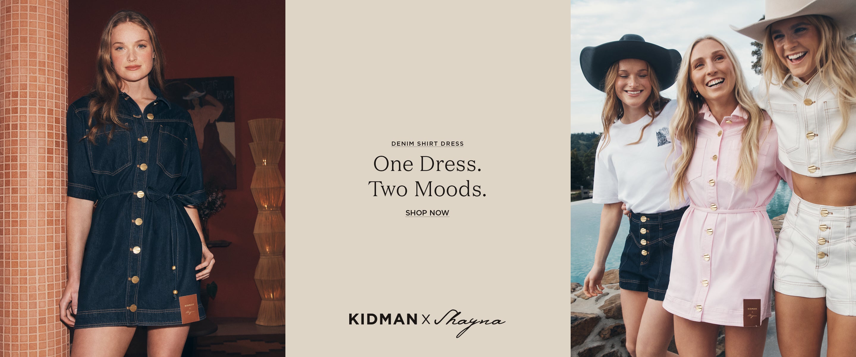 A promotional banner for a denim shirt dress by Kidman x Shayna Jack. The left panel shows a model wearing a dark wash denim shirt dress with gold buttons.