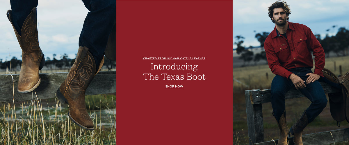 Promotional banner for a Texas boot, featuring a central red text panel reading 'Introducing The Texas Boot' flanked by lifestyle photos of a man wearing a red shirt and jeans on the right, and close-up boots on the left.